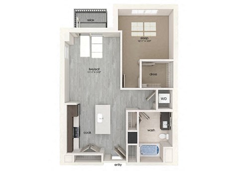Floor plan for 1 bed, 1 bath, 757 sqft